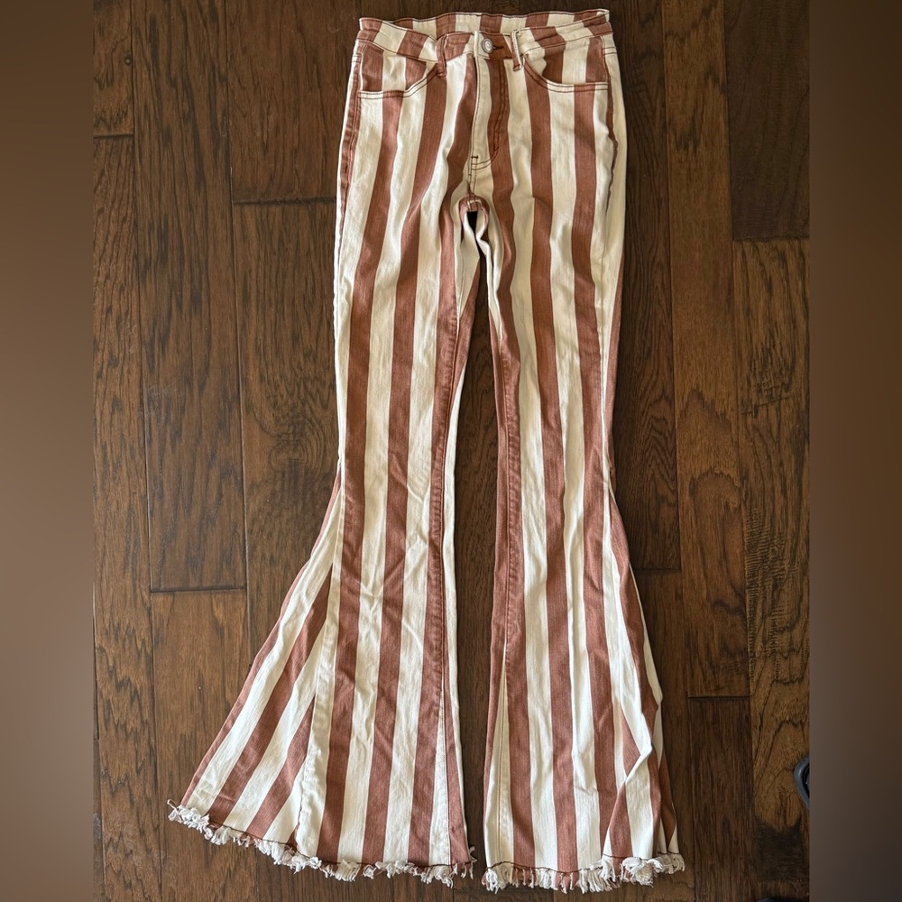 Altar’d State Retro Mod High Waist Striped Flare Pants with Fringe Hem size XS